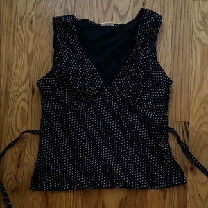Brandy Melville navy and White polka Dotted v neck top tie back